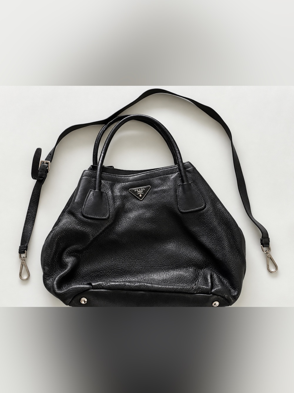 Prada Vitello Daino Large Side Zip Convertible Tote Black Leather